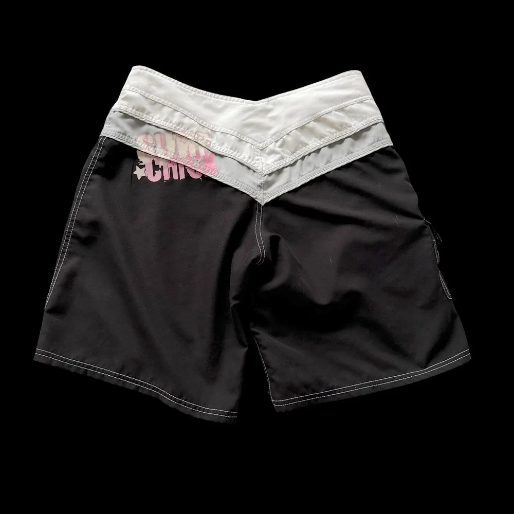 Y2K Surf Chick Womens Board Shorts Black White Cargo Pocket Swim Trunks Size M